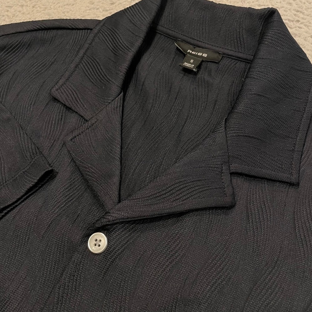 Reiss Textured Cuban Collar Shirt Mens Small Black Jacquard Camp Thick Heavy